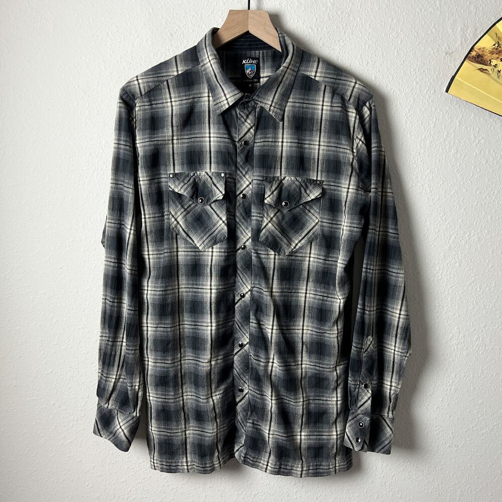 kuhl men's gray cotton plaid flannel snap button collared long sleeve shirt